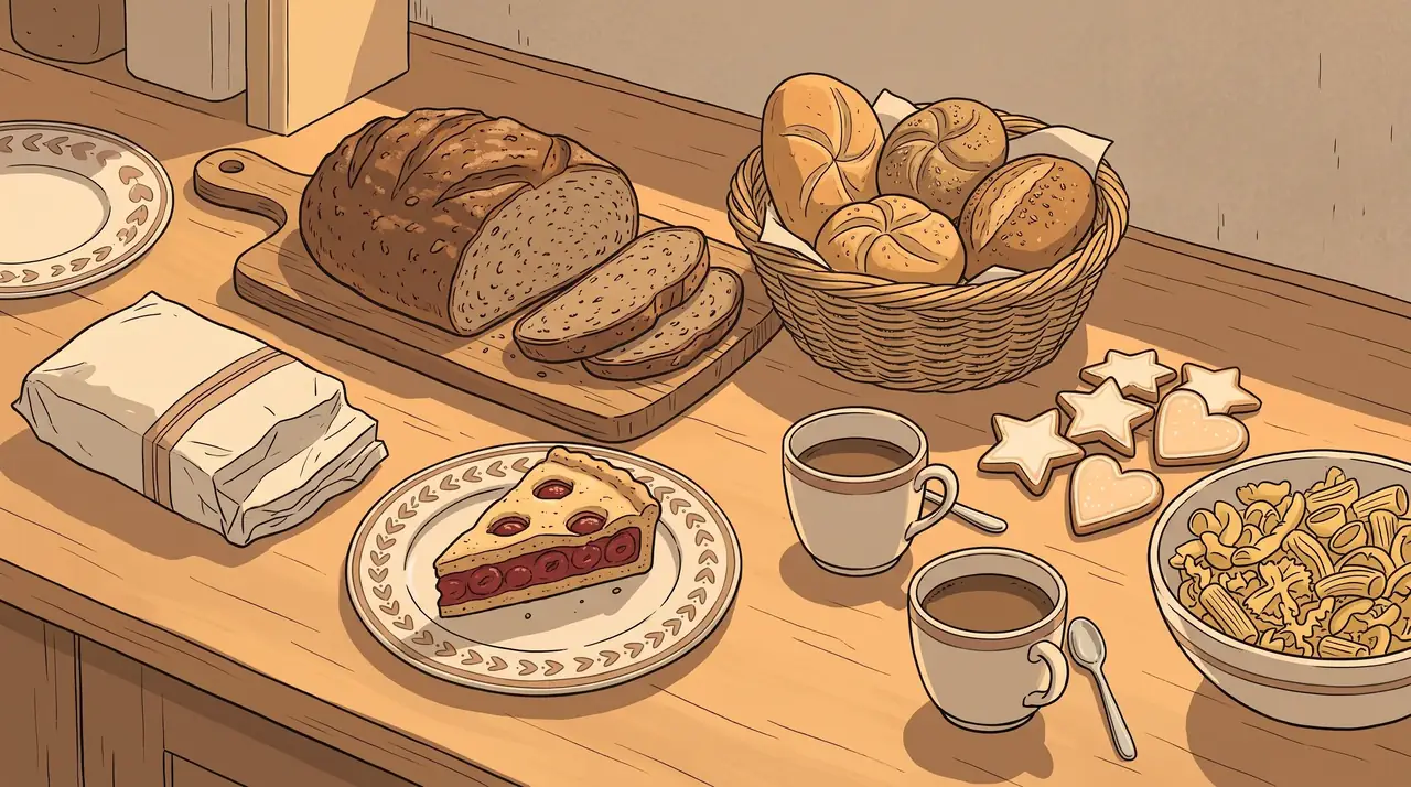 Illustration: Nahe Aufsicht auf einen Backtresen mit Speckbrot, Brötchenkorb, Tortenstück, zwei Kaffeetassen, Lebkuchen und Nudeln in warmen Farben.