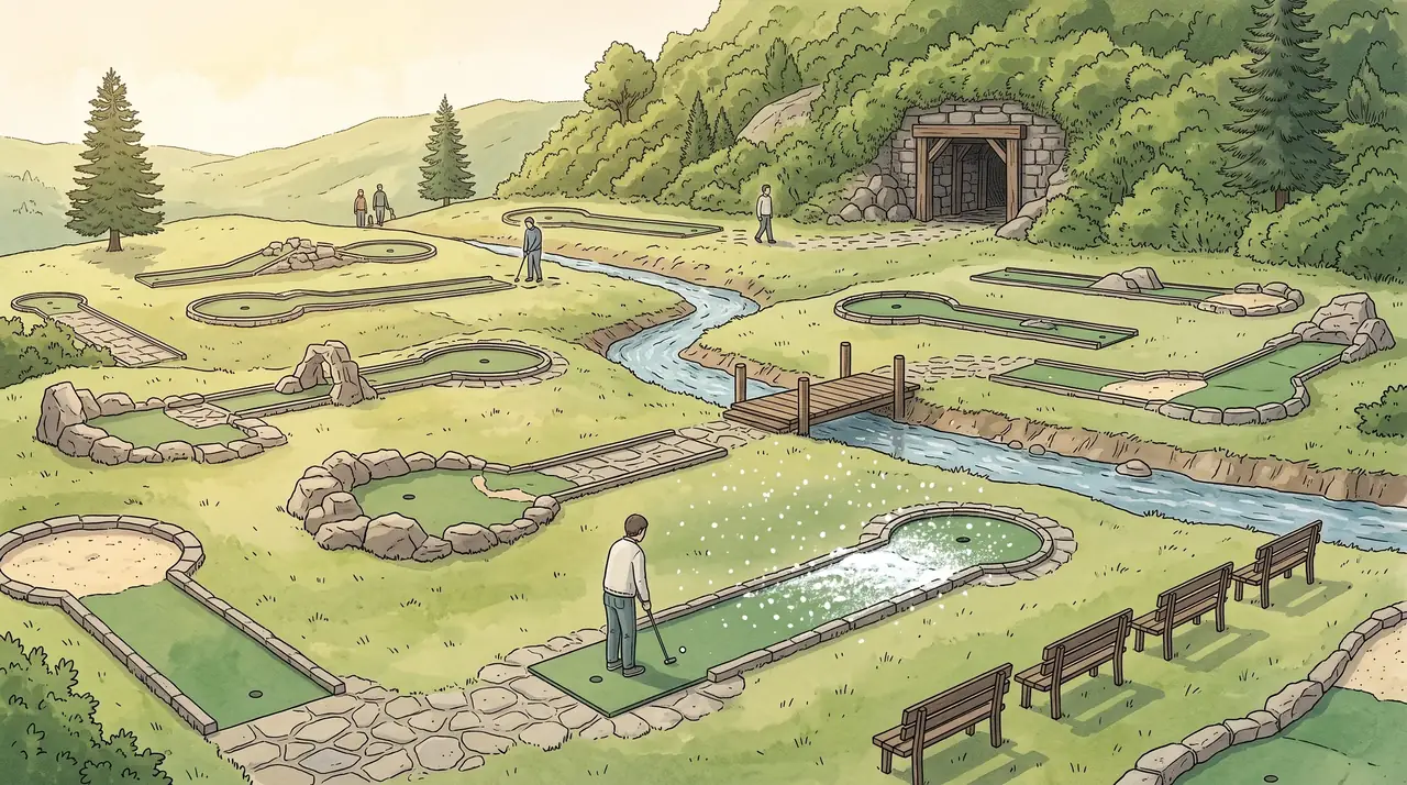 Illustration: weitläufiges grünes Golfgelände mit geschwungenen Bahnen, kleinem Bach, dunkler Stollenöffnung und rieselndem Schnee über einer Bahn
