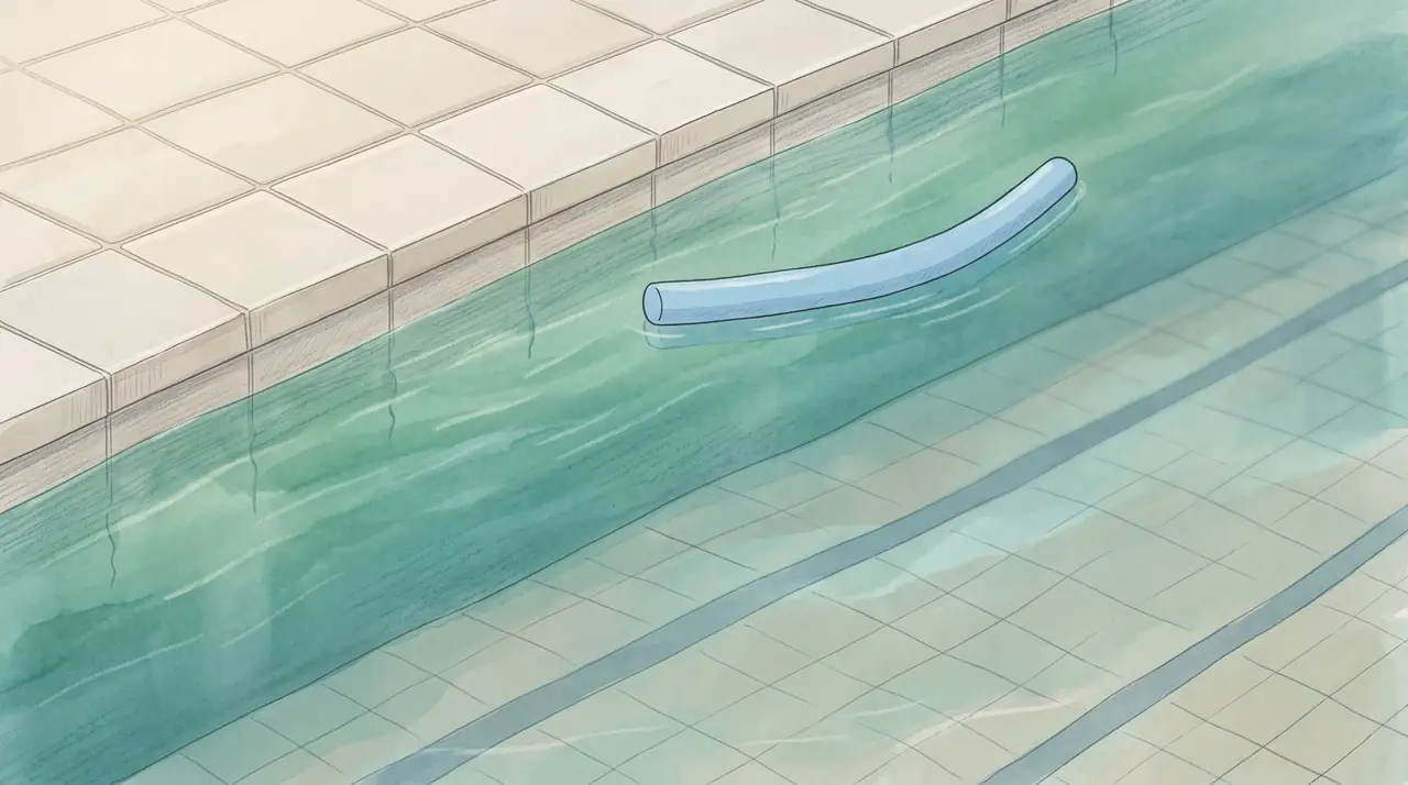 Illustration: naher Ausschnitt eines gefliesten Beckenrands mit ruhigem türkisfarbenem Wasser, angedeuteten Bahnenlinien und einer treibenden Schwimmnudel