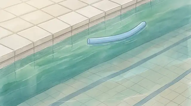 Illustration: naher Ausschnitt eines gefliesten Beckenrands mit ruhigem türkisfarbenem Wasser, angedeuteten Bahnenlinien und einer treibenden Schwimmnudel
