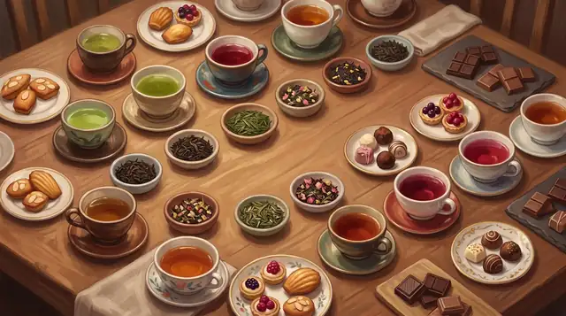 Illustration: Nahansicht einer gedeckten Tafel mit vielen kleinen Teetassen in Grün-, Bernstein- und Rottönen, dazu Gebäck, Törtchen und Pralinen.