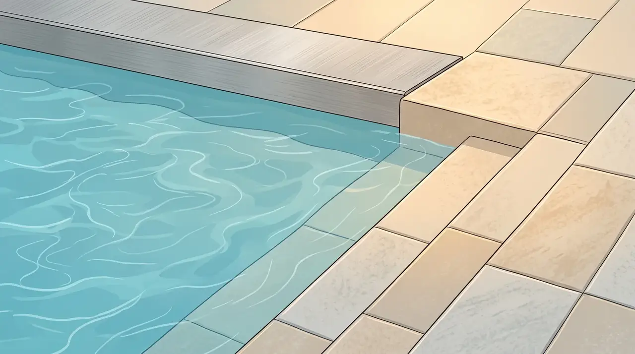Illustration: Naher Ausschnitt einer Beckenkante aus Edelstahl mit türkisfarbenem Wasser und einer hellen Sitztreppe in warmem Licht, ohne Personen.