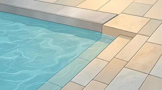 Illustration: Naher Ausschnitt einer Beckenkante aus Edelstahl mit türkisfarbenem Wasser und einer hellen Sitztreppe in warmem Licht, ohne Personen.