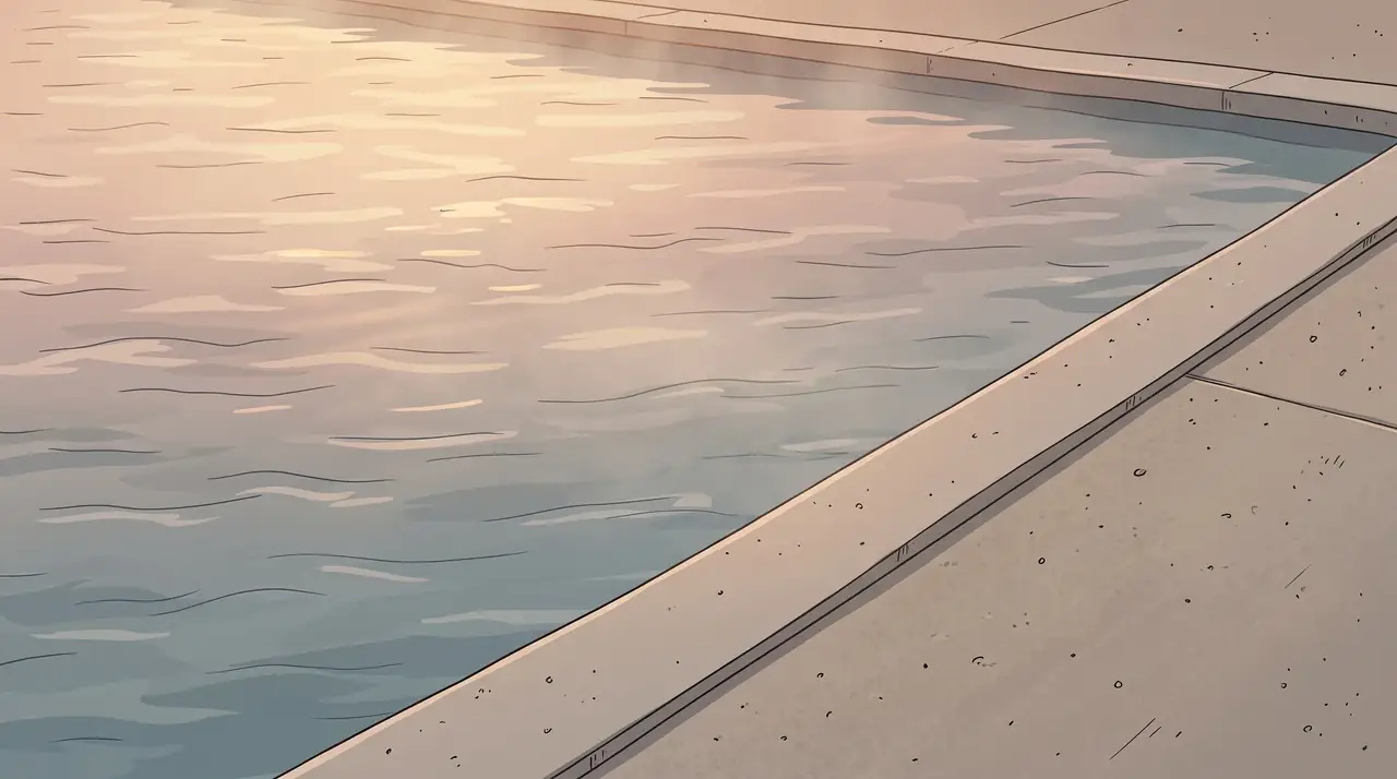 Illustration: Naher Ausschnitt einer ruhigen, klaren Wasserfläche an einem hellen Beckenrand in warmem, gedämpftem Licht, ohne Menschen.