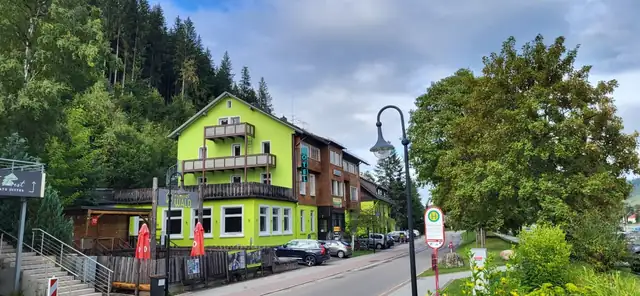 Straße in Waldgebiet mit gelbgrünem Gebäude und Hotel-Schriftzug, Bushaltestelle im Vordergrund