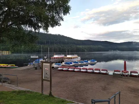 Bootsanleger am Titisee im Morgennebel mit Tretbooten und Rundfahrtschiff am Steg, bewaldete Hügel im Hintergrund