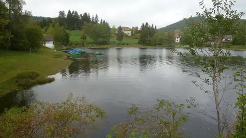 Kleiner See mit Tretbooten am Ufer, umgeben von Wald und Wiesen, bewölkter Herbsttag