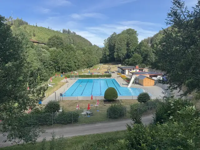 Blick von oben auf das Freibad Lenzkirch mit 50-Meter-Becken, Rutsche und Liegewiese im bewaldeten Haslachtal