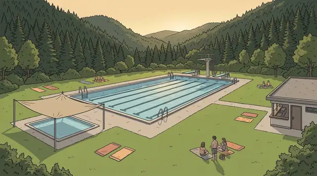 Illustration: Beheiztes Freibad mit langem Schwimmerbecken, Sprungbrett und Sprungturm am tiefen Ende, separatem Kinderbecken unter einem Sonnensegel und einer Liegewiese. Im Hintergrund bewaldete Bergkämme des Südschwarzwalds.