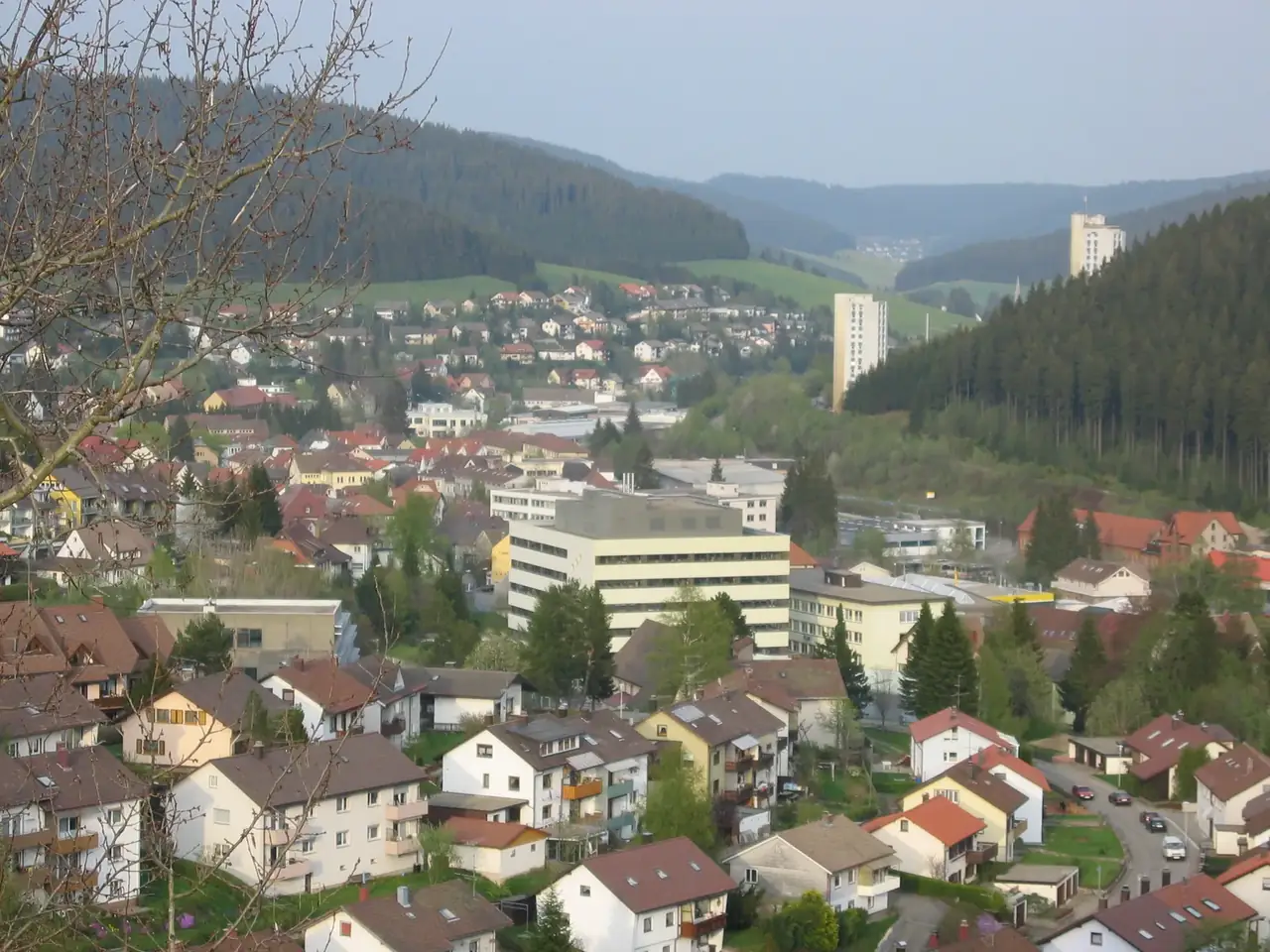 Panoramablick auf Furtwangen im Schwarzwald mit Hochhaus und Wohnbebauung im Tal
