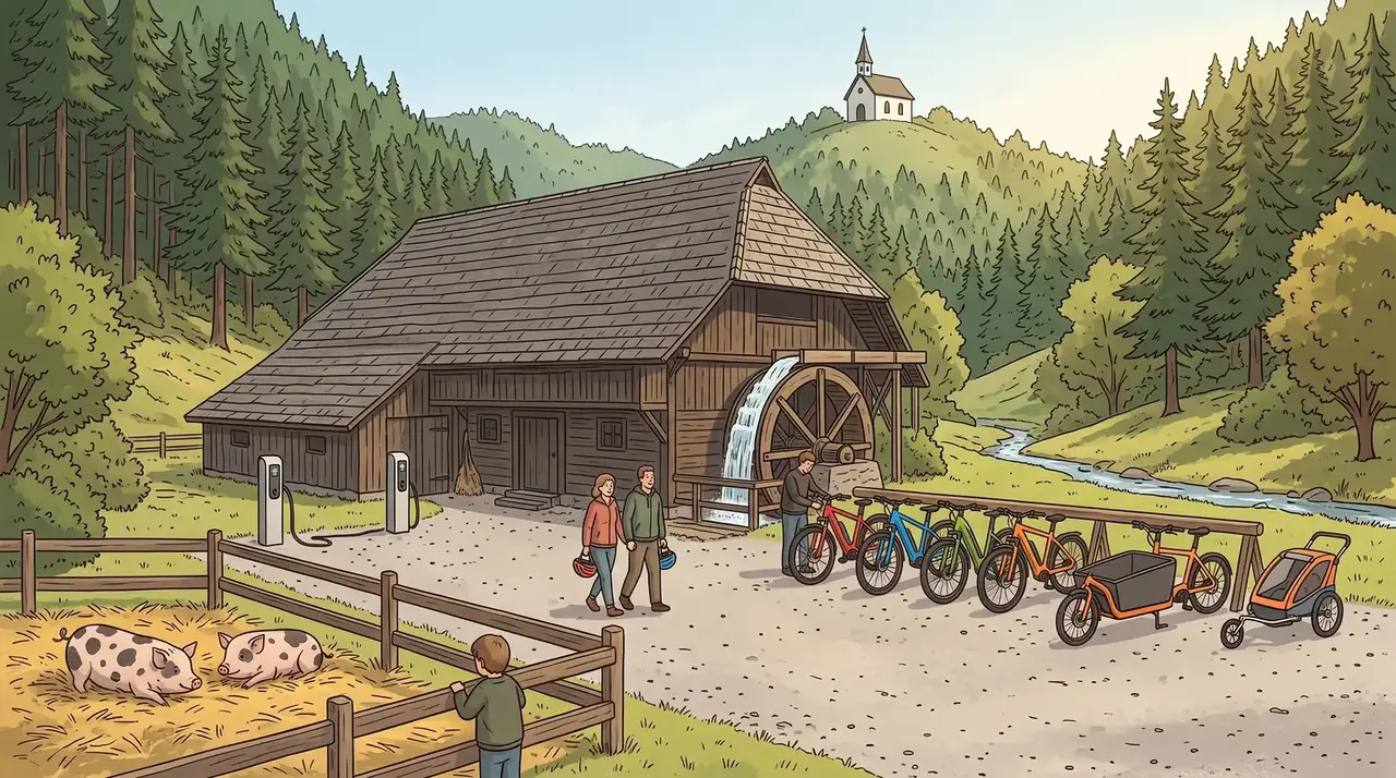 Illustration des Mühlenhofs Tannenmühle: Schindeldach und Wasserrad, davor E-Bikes und ein Lastenrad, links Minischweine hinter dem Zaun, oben auf der Anhöhe eine Kapelle