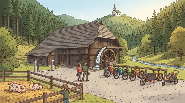 Illustration des Mühlenhofs Tannenmühle: Schindeldach und Wasserrad, davor E-Bikes und ein Lastenrad, links Minischweine hinter dem Zaun, oben auf der Anhöhe eine Kapelle