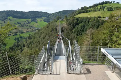 Eingang der Blackforestline Hängebrücke Todtnau mit Blick auf den geschwungenen Stahlsteg über grünes Tal