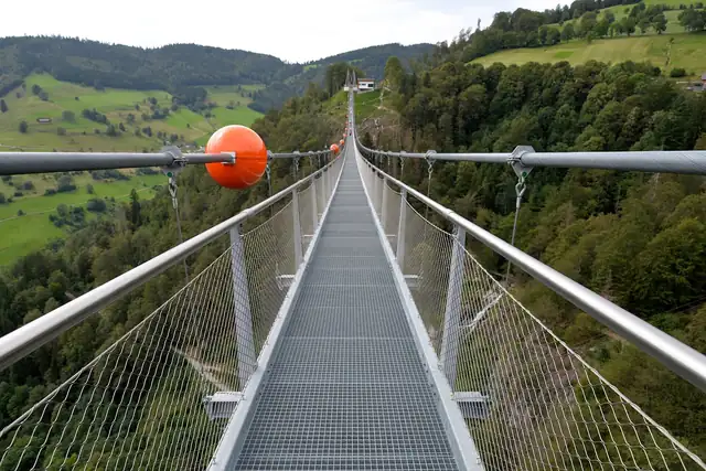 Blick entlang der Blackforestline Hängebrücke mit Stahlgitter-Laufsteg und orangefarbenen Markierungskugeln