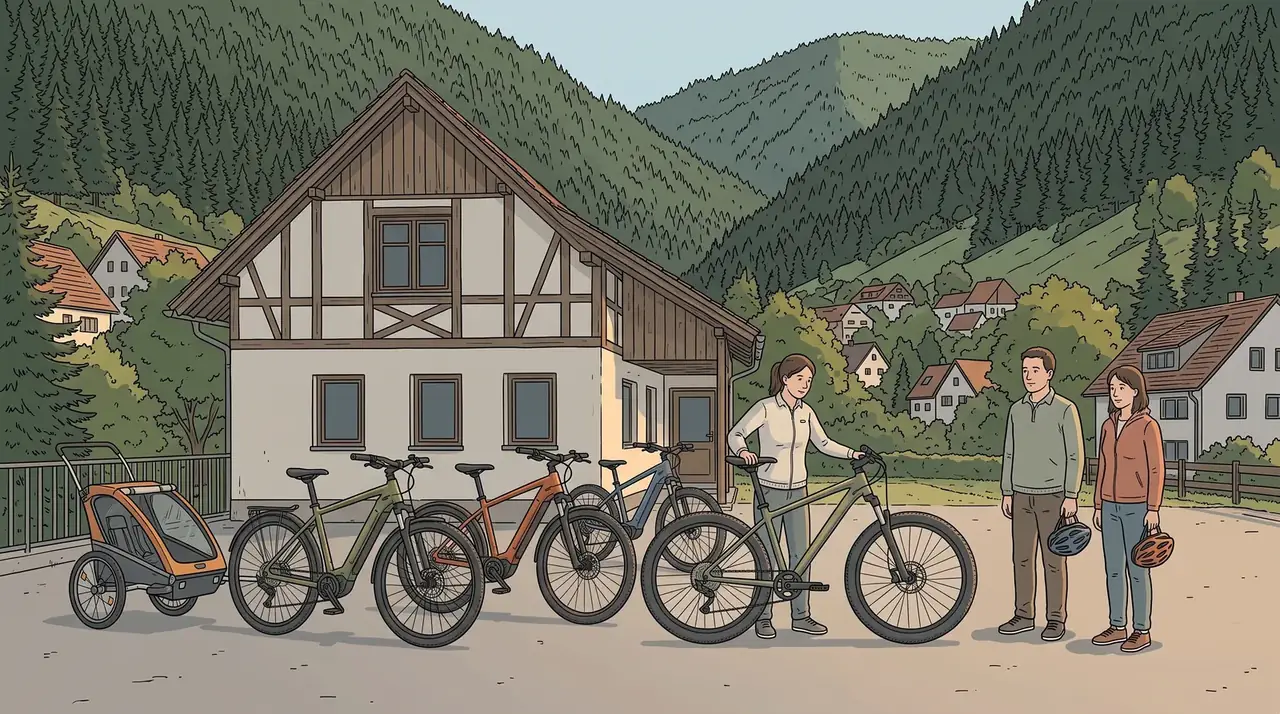 Illustration: E-Mountainbikes verschiedener Klassen und ein Kinderanhänger stehen vor einer Verleihstation in einem engen, dicht bewaldeten Schwarzwaldtal. Eine Mitarbeiterin richtet ein Rad her, zwei Gäste warten mit Helmen in der Hand.