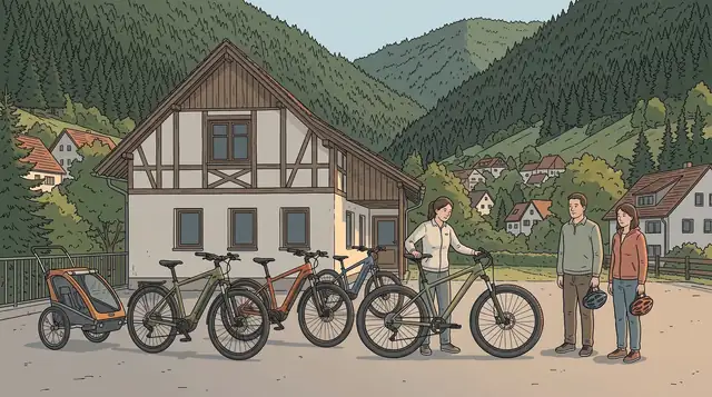 Illustration: E-Mountainbikes verschiedener Klassen und ein Kinderanhänger stehen vor einer Verleihstation in einem engen, dicht bewaldeten Schwarzwaldtal. Eine Mitarbeiterin richtet ein Rad her, zwei Gäste warten mit Helmen in der Hand.