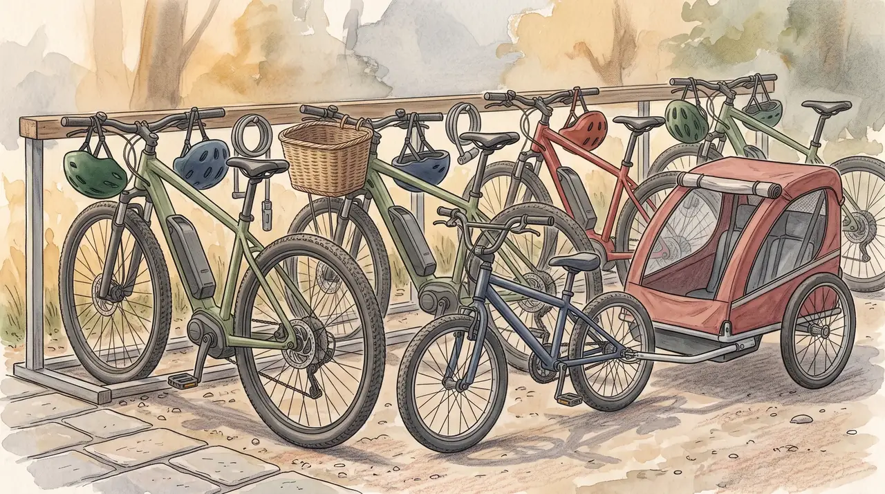 Illustration: Nahansicht einer Fahrradverleihstation mit abgestellten E-Bikes, einem Kinderrad, Anhänger, Helmen und Schlössern in warmem Licht.