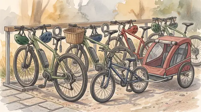 Illustration: Nahansicht einer Fahrradverleihstation mit abgestellten E-Bikes, einem Kinderrad, Anhänger, Helmen und Schlössern in warmem Licht.