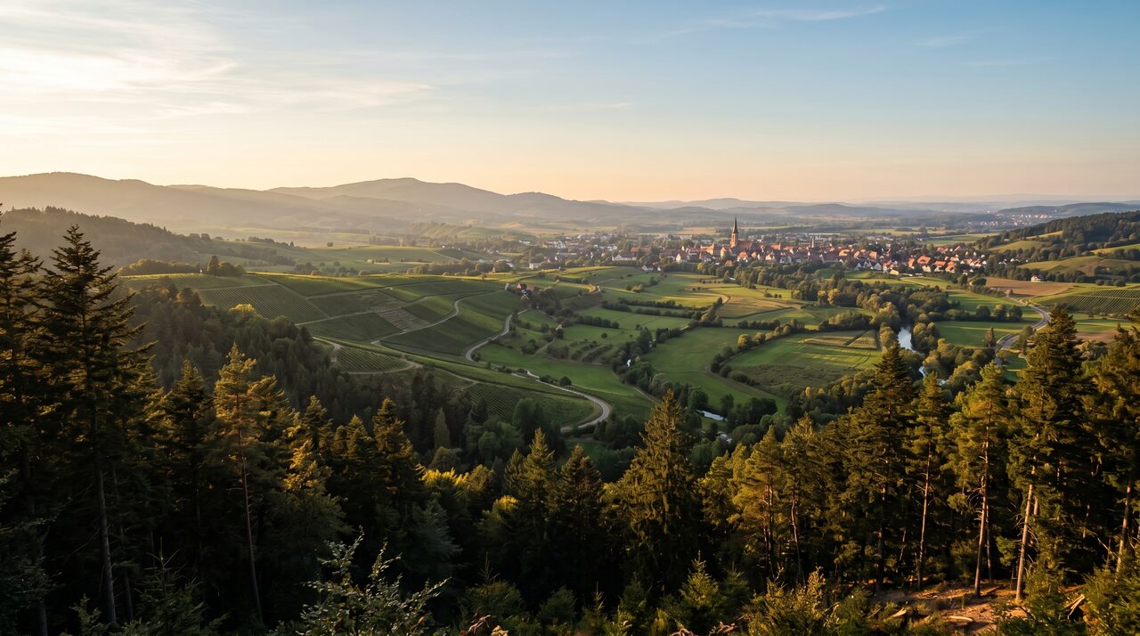 Blick vom bewaldeten Schwarzwald-Rand über Weinberge und ein weites Tal in der Abendsonne
