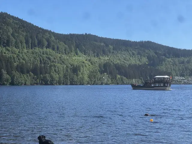 Ausflugsschiff der Bootsrundfahrten auf dem Titisee vor bewaldeten Bergen